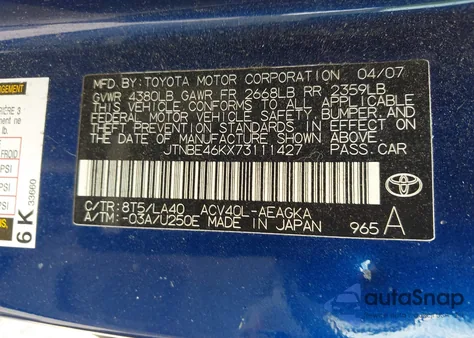 2007 Toyota Camry Xle from USA, damaged, VIN JTNBE46KX73111427